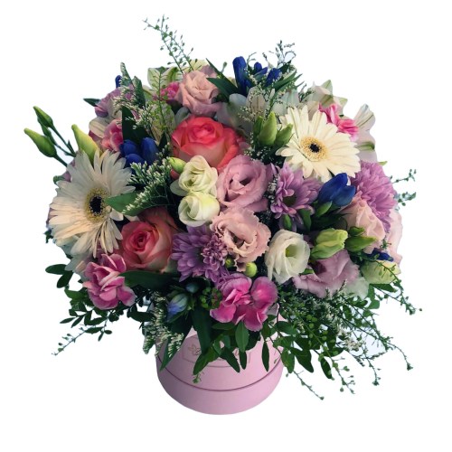 Flower Box (Średni) - pudrowy, kwiaty mieszane - eustoma i frezja